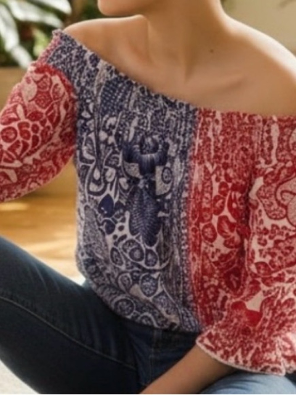 Chico's Off-Shoulder Split Floral Blouse in Red and Blue - Picture 2 of 12